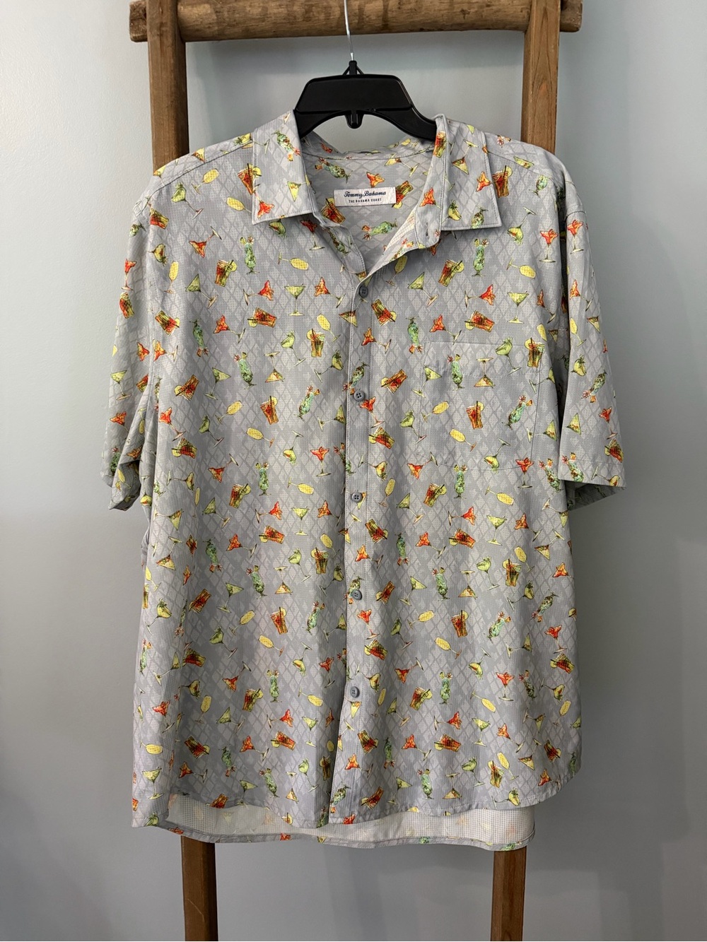 Tommy Bahama Grey Short-Sleeve Camp Shirt with Yellow & Orange Cocktail Print